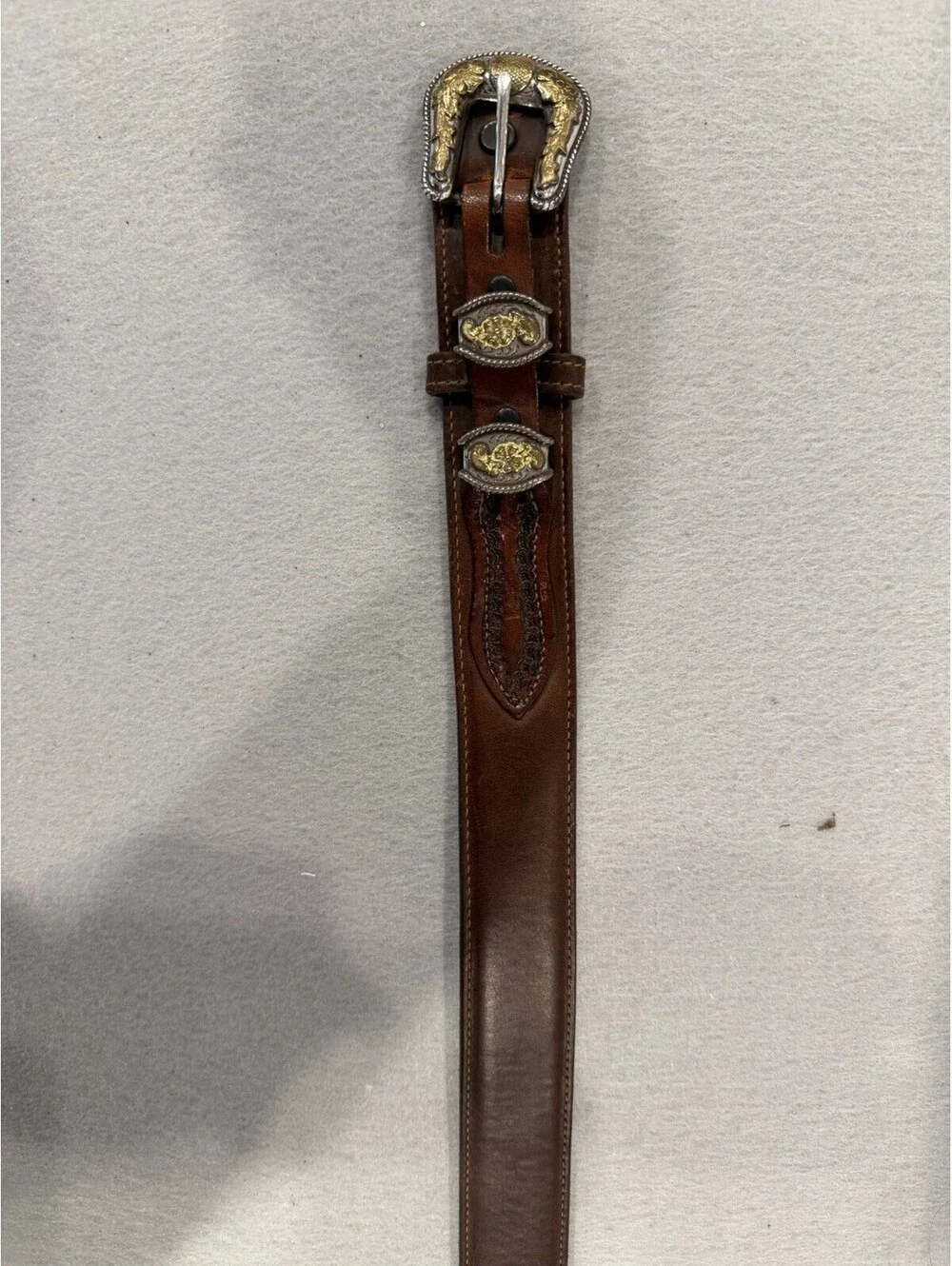 Vtg Men’s Nocona Leather Belt W/ Silver/Gold Tone Buckle Amazing Details Size 40